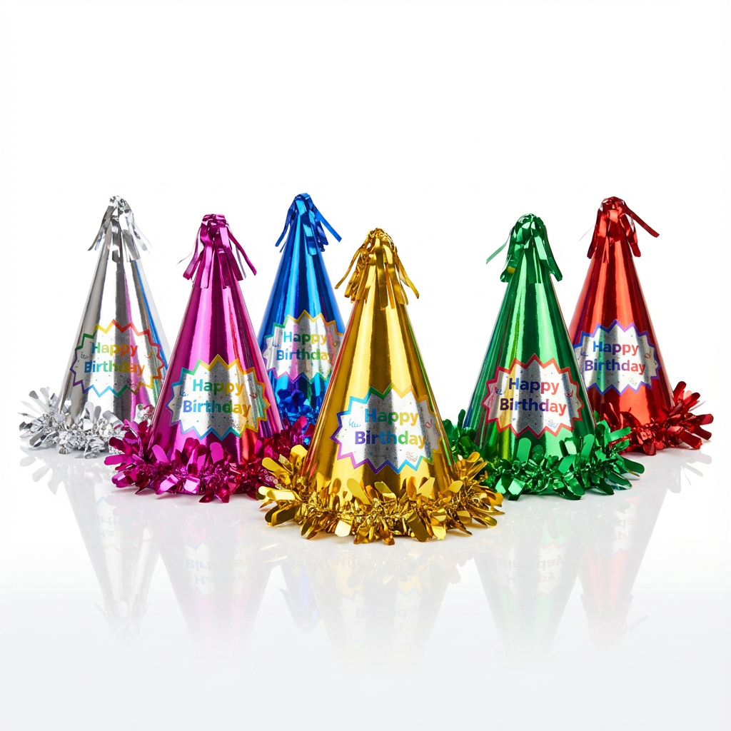 hats 4 Chapeaux d’anniversaire Happy Birthday en papier métallisé – Lot de 6 – Image 1